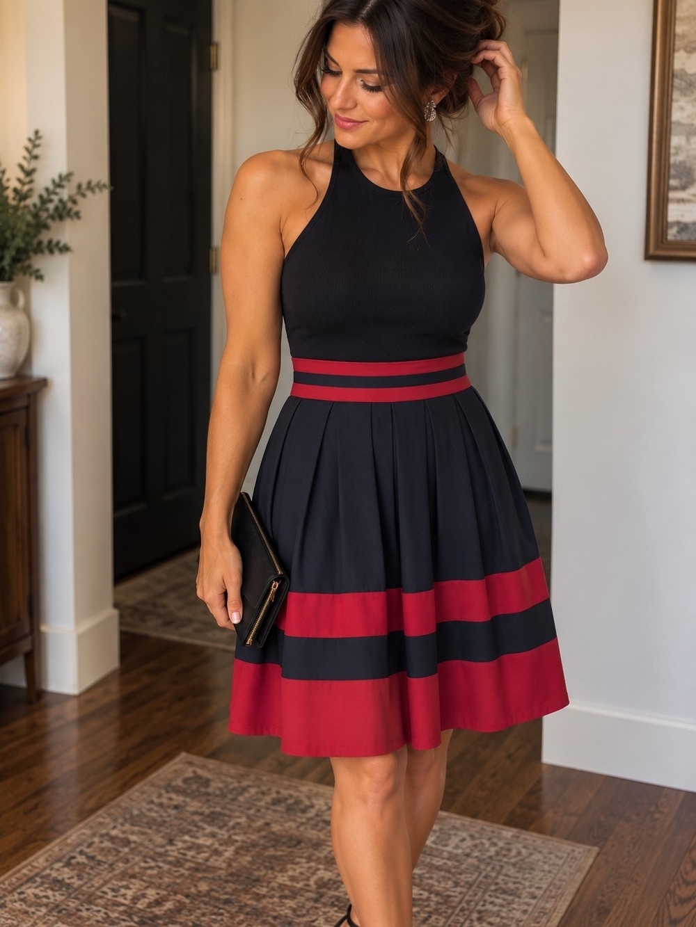 Tommy Hilfiger Navy Blue and Red Striped Pleated Skirt